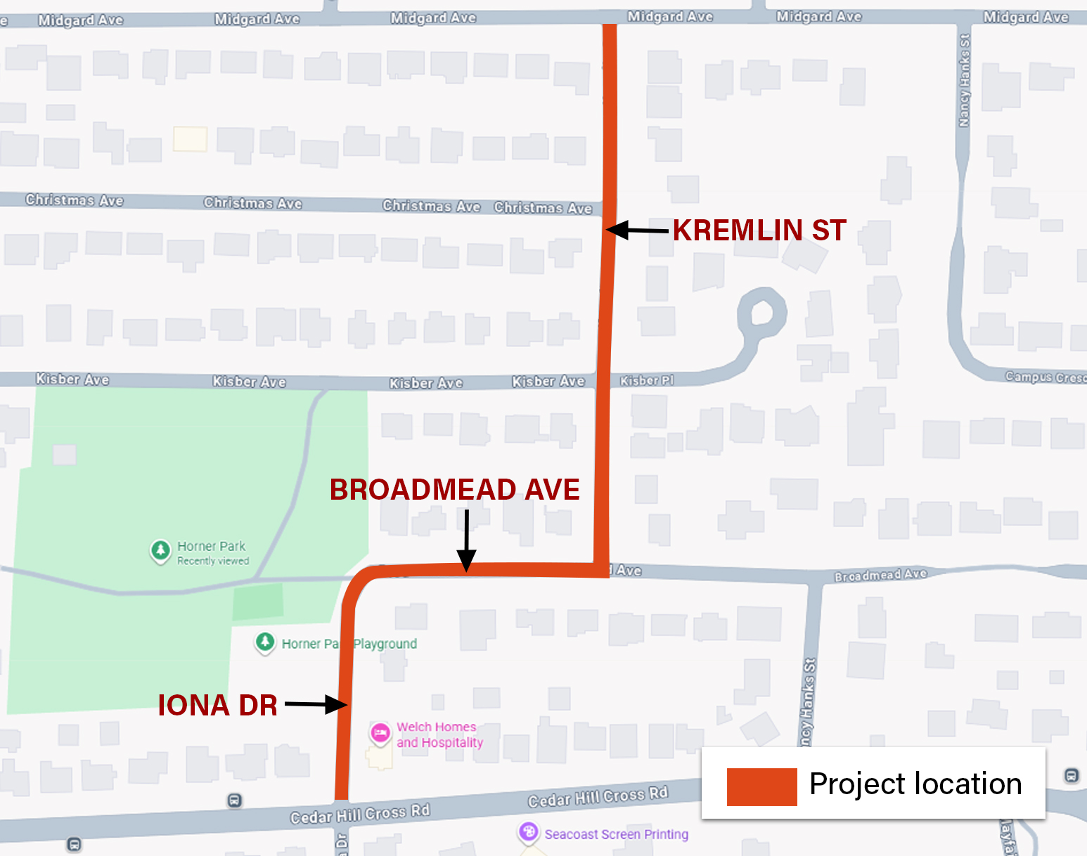 Map showing project location covering Iona Drive north of Cedar Hill Cross Road, Broadmead Avenue from east of Horner Park to Kremlin Street and all of Kremlin Street