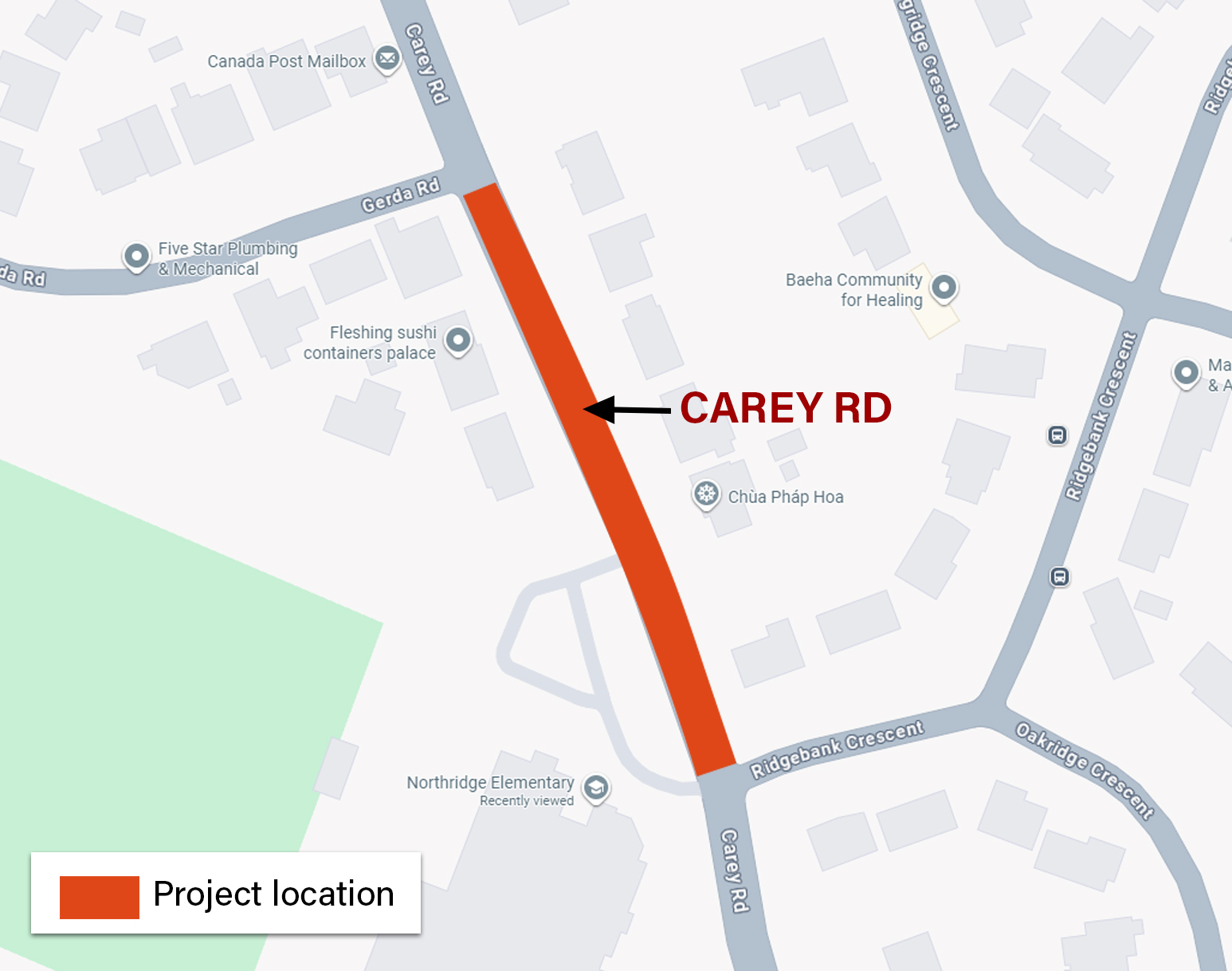 Map showing project location covering Carey Road between Gerda Street and Ridgebank Crescent