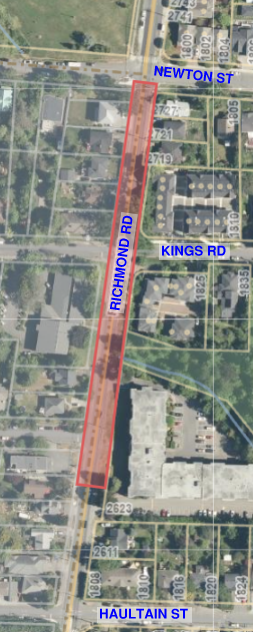 Map image showing the current Active Construction Area for Richmond Road is from the mid-point of apartment building just north of Haultain Street to Newton Street